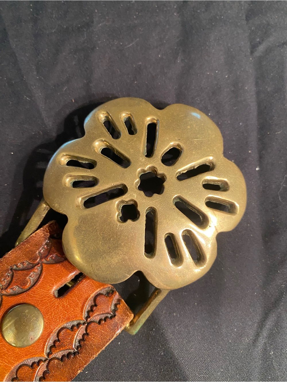 Cool Brass Belt Buckle with Tooled Leather Strap
